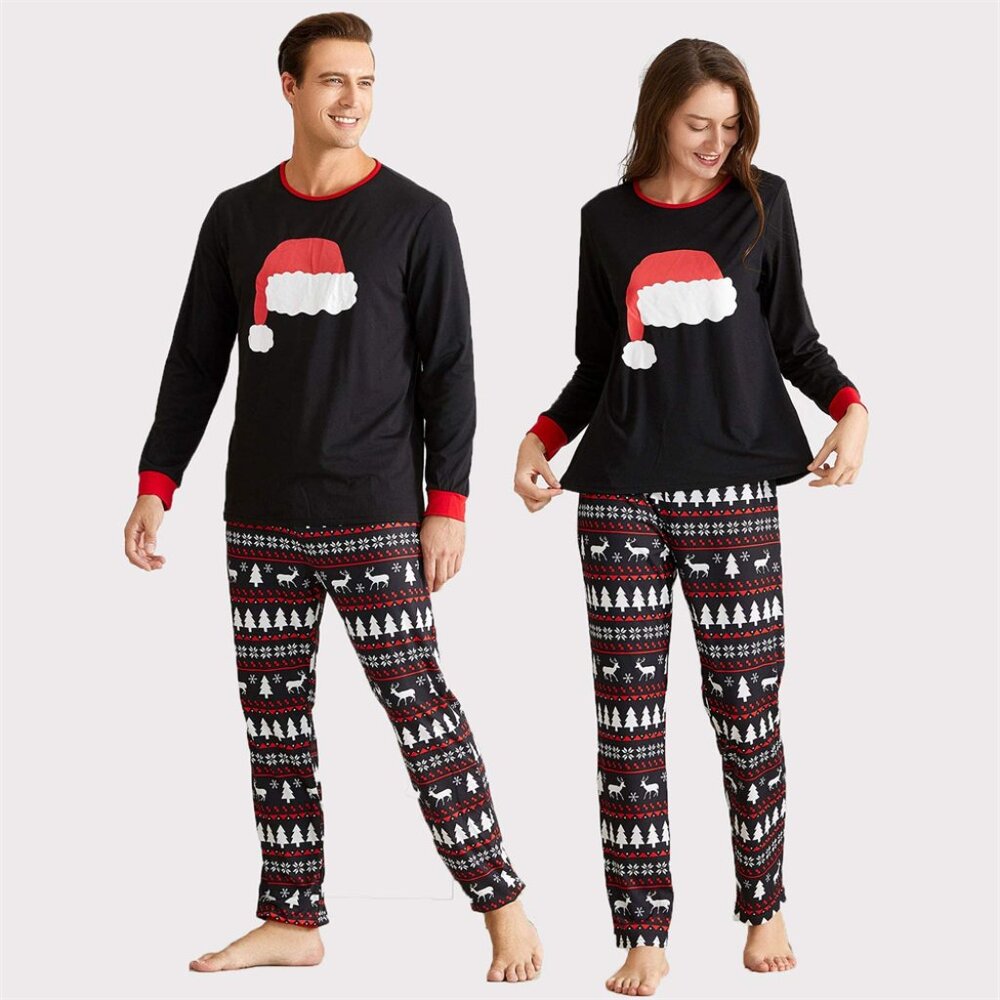 Swomog Women's Black Red Holiday XMAS Santa Hat Long Sleeve Pajama Set Large